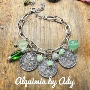 Green Aventurine and Saint Benedict medals charms eclectic bracelet